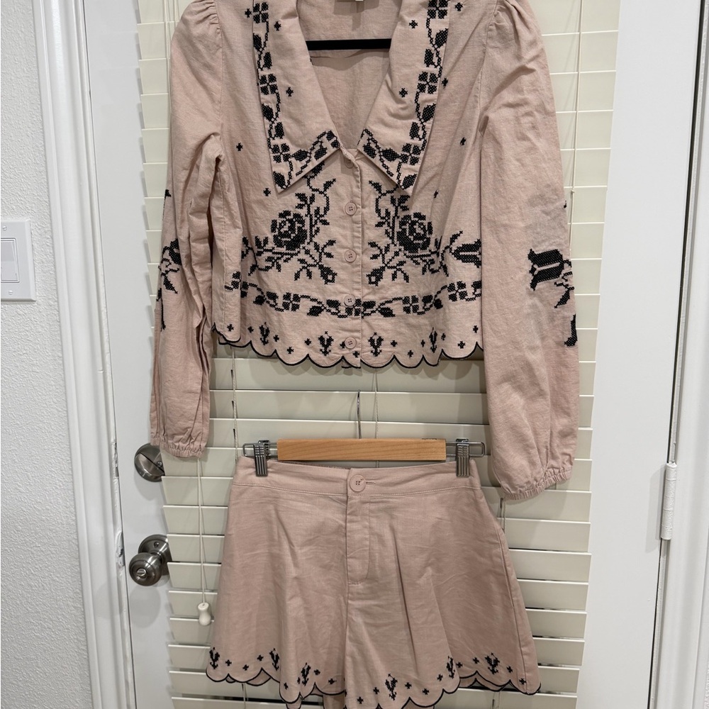 Embroidered beige and black Two-Piece Set